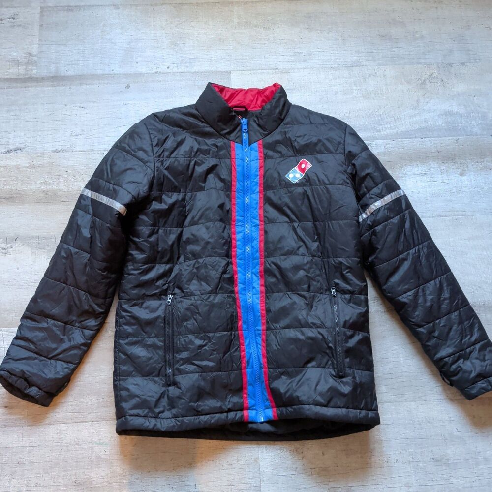 Dominos Pizza Gear Mens Puffer Jacket Black Blue Red Reflective Medium Full Zip